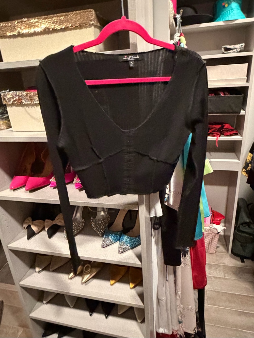 Fitted Black Long-Sleeve Cropped V-Neck Top by L'ATELIER
